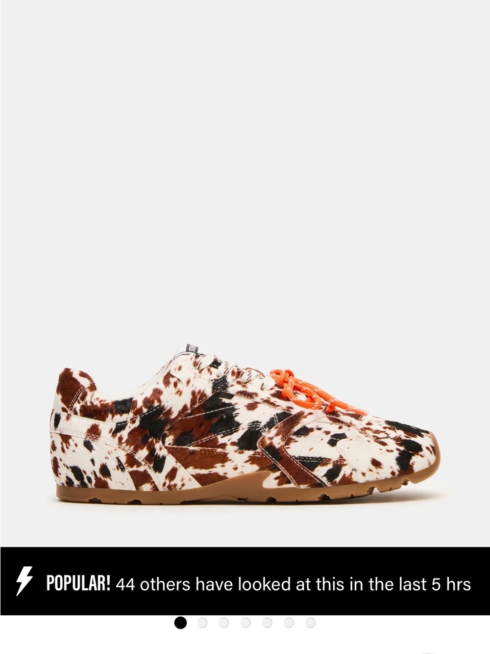 Steve Madden Brown and White Cow-Print Low-Top Sneaker with Orange Laces